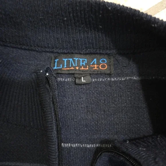 Line 48 Mens Large Navy Blue White Stripe 1/4 Zip Mock Neck Sweater Preppy VTG - Picture 4 of 8